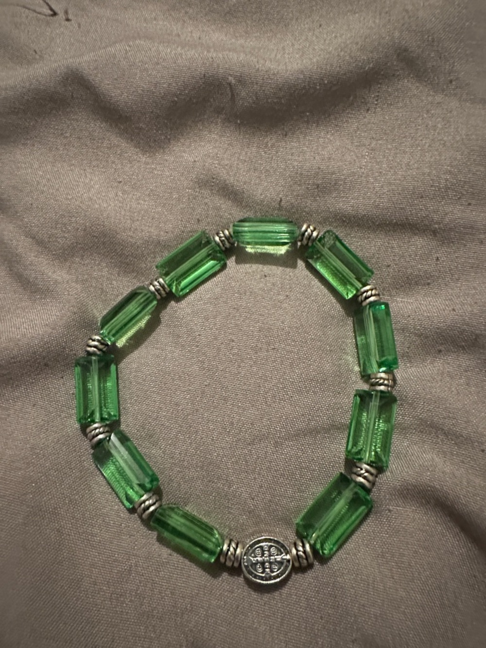 Green Glass Bead Stretch Bracelet with Silver Accents - Women Jewelry
